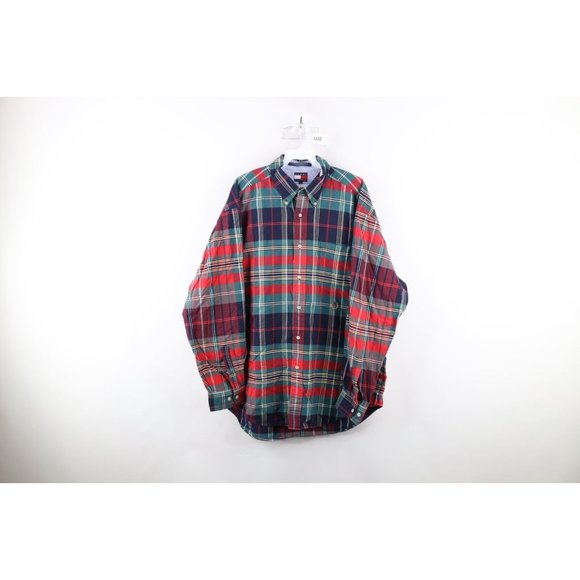 Vtg 90s Tommy Hilfiger Mens Large Faded Rainbow Plaid Collared Button Down Shirt - Picture 1 of 9